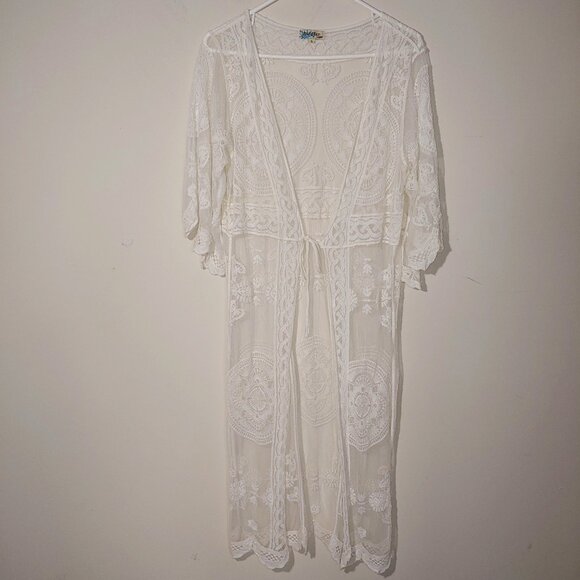 Rebellion White Lacy Duster Cardigan Beach Cover up Size S - Picture 1 of 9